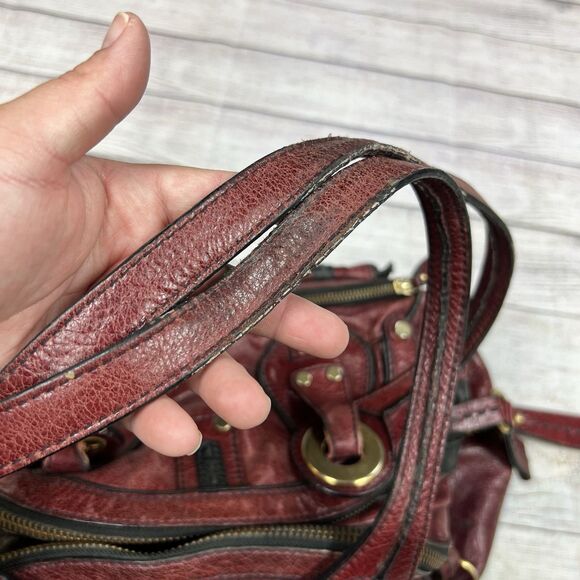 LOCKHEART DISTRESSED Y2K LARGE BURGUNDY GENUINE LEATHER HOBO SHOULDER TOTE BAG - Picture 8 of 10